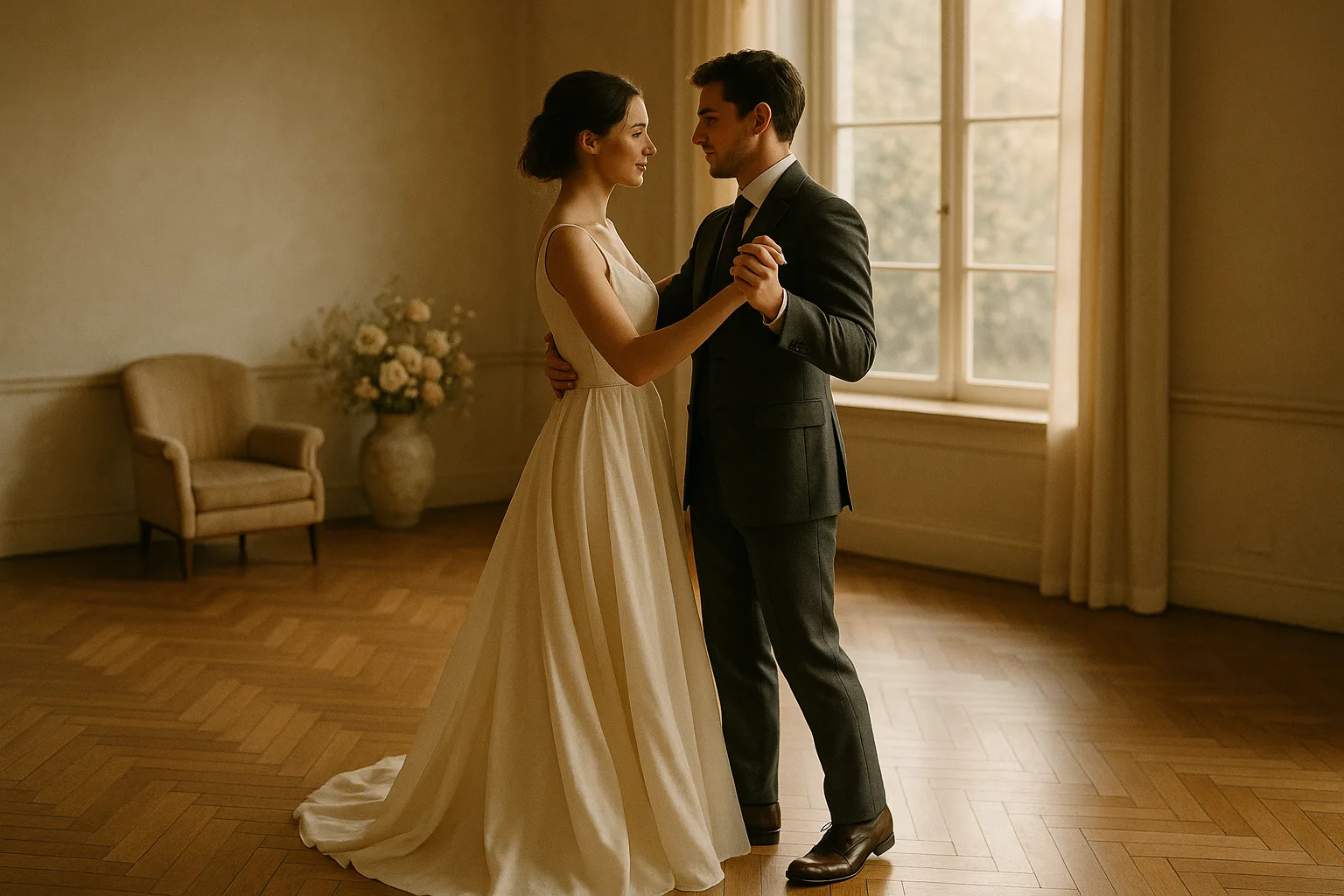 A couple practising their first dance in a sunlit studio