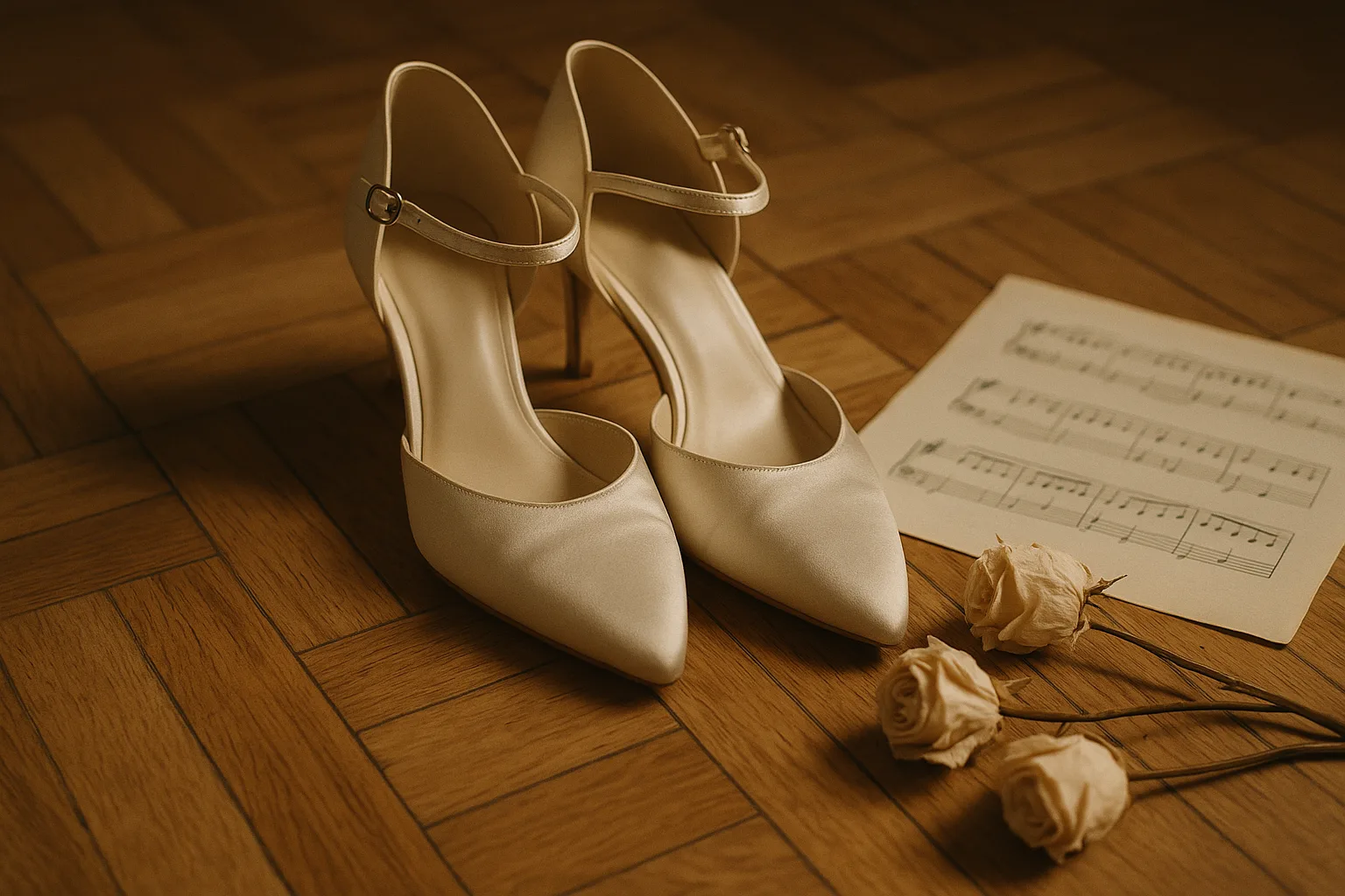 Cream satin bridal heels on a polished parquet floor, beside dried roses and a sheet of music
